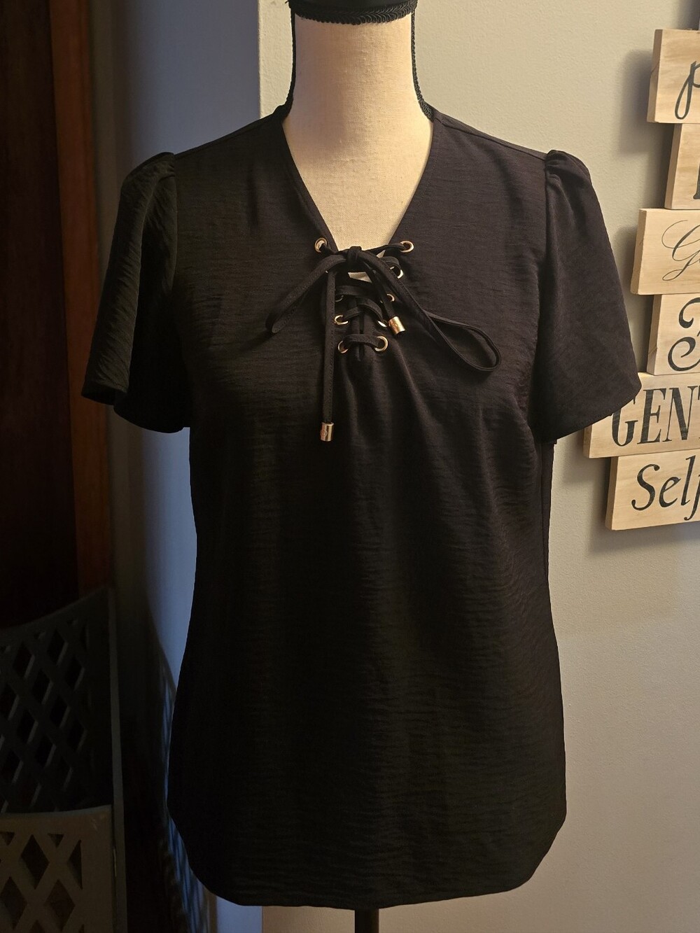 Michael Kors Black Lace-Up Short Sleeve Top